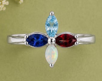 Unique Four Gemstone Ring, Sterling Silver Statement Ring, Blue Sapphire Garnet Aquamarine Opal Jewelry, Colorful Artisan Gift, Luxury Ring