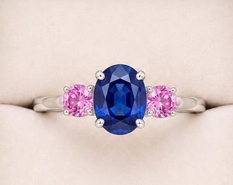 Pink and Blue Sapphire Ring 925 Sterling Silver, Three Stone Sapphire Ring, Unique Blue Gemstone Ring, Colorful Statement Ring, Gift for Her