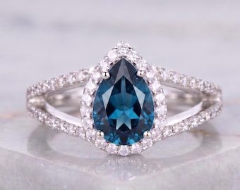 Romantic Teardrop Blue Gem Ring, Brilliant Silver Halo Jewelry, Pear Center Stone with Sparkling Band, Women’s Ring for Anniversary Gift