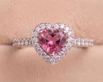 Heart Pink Sapphire Ring, Halo Engagement Ring, Sterling Silver Heart Ring, Romantic Promise Ring, Gift for Her, Handmade Jewelry