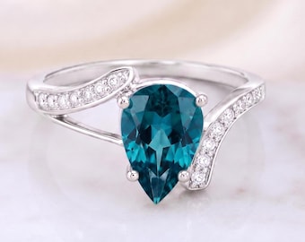 Pear Blue Gemstone Halo Ring, Sterling Silver Curved Band Ring, Sparkling Side Stone Jewelry, Elegant Women Ring, Gift for Her