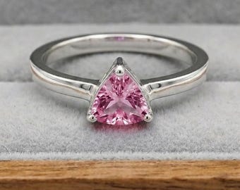 Trillion Pink Sapphire Solitaire Ring, Minimalist Sterling Silver Engagement Ring Modern Promise Ring Delicate Bridal Jewelry Gift for Women
