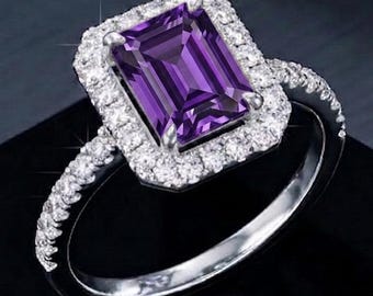 Royal Purple Cocktail Ring, Cushion Halo Statement Jewelry, Sterling Silver Luxury Ring, Elegant Evening Gift for Wife, Handmade Fine Ring