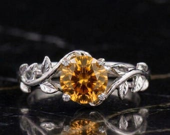 Round Citrine Vine Ring, Nature Inspired Sterling Silver Ring, November Birthstone Jewelry, Botanical Promise Ring, Woodland Gift for Women