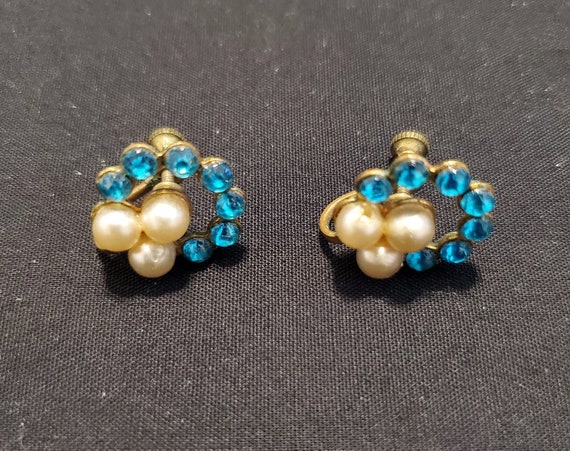 Vintage Dainty Faux Pearl and Blue Glass Rhinesto… - image 1