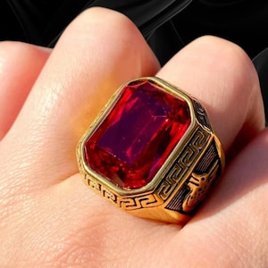 Red ruby stone 14k gold men wedding rings, Wedding gold men jewelry with red stone, 14k gold gemstone men ring, Personalized gold men's ring