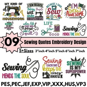 Pacchetto di disegni per ricamo con citazioni di cucito, divertenti frasi per cucito, ricamo a macchina, quilting, word art, ricamo, file Pes, Dst, 5+ dimensioni, download