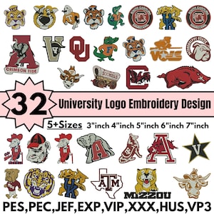 Pode incluir: Uma coleção de 32 designs de bordado de logotipos universitários com várias mascotes e emblemas. A imagem inclui o texto 32 University Logo Embroidery Design, 5+ Sizes, 3 inch, 4 inch, 5 inch, 6 inch, 7 inch e os formatos de ficheiro PES, PEC, JEF, EXP, VIP, XXX, HUS, VP3.