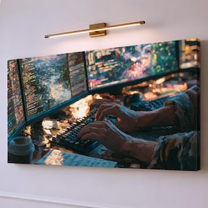 May include: A rectangular wall art canvas depicting a person typing on a computer keyboard in front of multiple monitors displaying lines of colorful code. The scene is illuminated by a horizontal gold-toned light fixture mounted above the artwork.