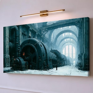 May include: A rectangular canvas wall art print featuring a dark, industrial scene of a massive, weathered machine inside a cavernous, arched hall. The colour palette is dominated by shades of teal, grey, and white, depicting a cold, vast interior.