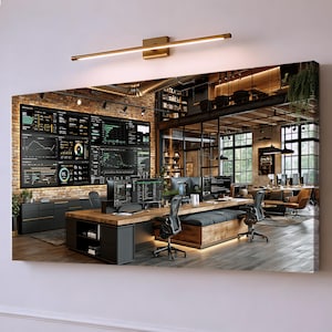 May include: A rectangular wall art print depicting a modern office interior with exposed brick walls, a large multi-screen data dashboard, wooden desks, black ergonomic office chairs, and a metal light fixture mounted above the artwork.
