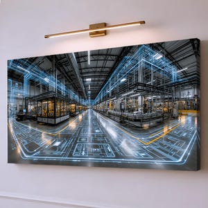 Pode incluir: Uma impressão de arte de parede retangular que mostra uma vista grande angular do interior de uma fábrica sobreposta com linhas esquemáticas digitais azuis brilhantes e marcações amarelas no chão. A cena apresenta máquinas.