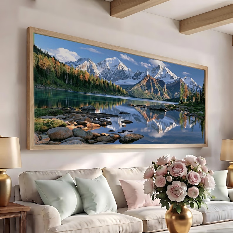 Canadian Rockies Lake Painting Canvas Print, Mountain Landscape Nature ...