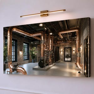 Puede incluir: Una impresión de arte mural rectangular que representa un espacio interior con paredes de ladrillo visto, grandes ventanales y una compleja red de tuberías de color cobre y maquinaria industrial. La escena está iluminada por una luz cálida que resalta las texturas metálicas.