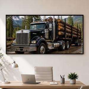 May include: A framed wall art print featuring a black Kenworth semi-truck hauling a trailer loaded with stacked logs. The truck is positioned on a dirt road with a dense forest and mountain range in the background, showcasing chrome details.