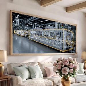 May include: A rectangular wall art piece featuring a large industrial machine in a factory setting. The machine is depicted with a yellow digital wireframe overlay, highlighting its structural components and a small screen on the side.