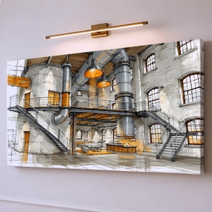 Pode incluir: Uma tela retangular com um esboço arquitetônico de um interior industrial com tubos de metal expostos, grandes janelas em arco, um mezanino com escadas e detalhes em laranja quente por toda a estrutura.