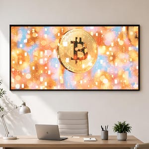 May include: A rectangular wall art piece featuring a large, metallic gold Bitcoin symbol centered against a vibrant, out-of-focus background of glowing orange, yellow, and blue bokeh light circles and scattered white rectangular digital data patterns.