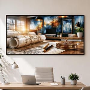 May include: A framed horizontal wall art print depicting a wooden desk surface with rolled architectural blueprints, two pencils, and a circular brass compass. The background shows a blurred office interior with a computer monitor and artwork.
