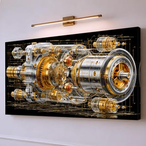 Op de afbeelding: Een rechthoekige wandkunstprint met een gedetailleerd technisch schema van een complexe mechanische motorcomponent. Het ontwerp toont zilveren en gouden tandwielen, cilinders en assen tegen een zwarte achtergrond met dunne lijnen.