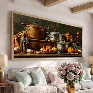 Cookware Canvas Print, Copper Pots Wall Art, Rustic Kitchen Decor, Chef Gift, Vintage Cooking Tools Painting