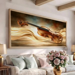 May include: A rectangular wall art print featuring a brown wooden violin positioned diagonally against a background of swirling golden light waves and a dark, moody sky, all enclosed within a simple light-colored wooden frame.