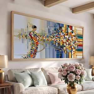 May include: A large rectangular wall art piece in a wooden frame featuring an abstract figure composed of colorful, textured paint strokes. The figure transitions into a horizontal stream of vibrant, multi-colored geometric squares and gold lines.