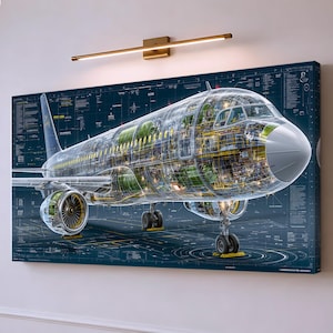 Pode incluir: Uma impressão de arte de parede retangular apresentando um projeto técnico detalhado de uma aeronave comercial. O avião é renderizado em um estilo de corte transversal transparente sobre um fundo azul escuro com texto técnico e linhas de grade brancas.