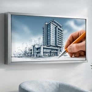 Może przedstawiać: Prostokątna dekoracja ścienna w srebrnej ramie, przedstawiająca czarno-biały szkic architektoniczny nowoczesnego budynku wielopiętrowego. Rysunek ukazuje wieżowiec z przeszklonymi oknami i balkonami, wykonany za pomocą precyzyjnych linii.