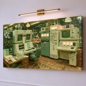 Puede incluir: Una impresión de arte mural rectangular que representa un laboratorio vintage lleno de equipos informáticos retro, incluyendo grandes consolas de computadora beige, monitores, grabadoras de cinta de carrete y una silla de oficina verde.