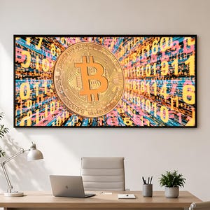 Canvastavla med digital valuta, guld Bitcoin krypto binärt nätverk, väggkonst för finansiell teknologi