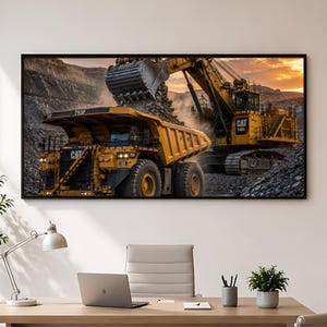 Mining Excavator Canvas Print, Giant Machine Loading Haul Truck in Open Pit at Sunset, Panoramic Industrial Wall Picture