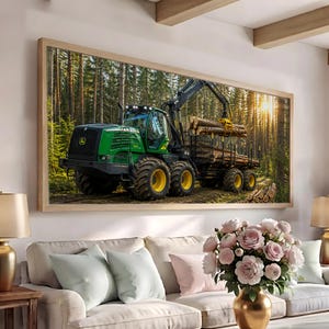 Log Forwarder Canvas Print, Forestry Machine Loading Timber in Sunlit Forest, Panoramic Logging Wall Picture