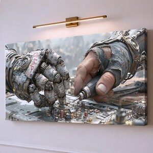 May include: A rectangular canvas wall art print depicting a close-up of a robotic hand and a human hand working together on a complex mechanical circuit board. The robotic hand is metallic and weathered, while the human hand wears a worn, fingerless glove.