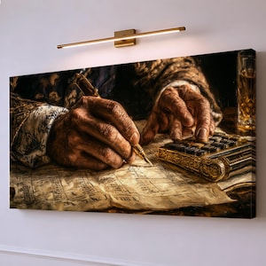 Op de afbeelding: Een rechthoekige wandkunstprint met een close-up van verouderde handen die met een gouden vulpen op een gestructureerd, vergeeld document vol numerieke gegevens schrijven, naast een sierlijke, metalen rekenmachine en een glas amberkleurige vloeistof.
