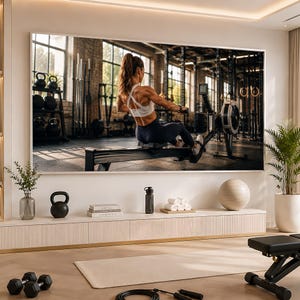 Pode incluir: Uma grande tela de televisão montada na parede exibindo uma pessoa usando um aparelho de remo em uma academia. Abaixo da tela, um longo móvel branco de mídia contém um kettlebell preto, livros, uma garrafa de água e uma bola de exercício bege.