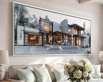 May include: A large rectangular wall art piece featuring a modern architectural design that blends a realistic house exterior with visible black grid lines and structural sketches, showcasing a multi-level building with warm interior lighting.