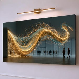May include: A rectangular wall art canvas depicting a dark interior space with a large, flowing wave of golden light and sparkling particles emerging from a structure on the left, with silhouettes of people walking across the floor.