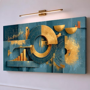 Op de afbeelding: Een rechthoekig wandkunstwerk met een diepblauwe achtergrond en gouden geometrische vormen, waaronder een grote centrale ring, cirkelvormige segmenten en verticale staafdiagrammen. Het ontwerp bevat fijne rasterlijnen en gestructureerde gouden verfspatten.
