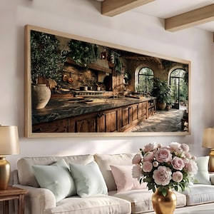 May include: A rectangular wall art print featuring a rustic kitchen scene with dark marble countertops, wooden cabinetry, hanging copper cookware, and arched windows looking out onto a lush green garden with a large stone urn in the foreground.
