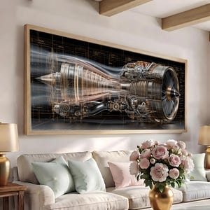 May include: A framed wall art print featuring a detailed technical cross-section of a jet engine. The illustration displays metallic gold and silver components against a dark background with thin orange grid lines and schematic markings.