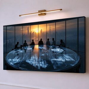 May include: A rectangular wall art print depicting a group of silhouettes seated around a circular table with a glowing blue digital map interface. The scene is set against a floor-to-ceiling window view of a futuristic city skyline at sunset.