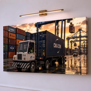 Könnte beinhalten: Ein rechteckiges Wandbild auf Leinwand, das einen weißen Terminaltraktor zeigt, der einen dunkelblauen Schiffscontainer mit der Aufschrift CMA CGM zieht. Die Szene spielt in einem geschäftigen Hafen bei Sonnenuntergang mit bunten Containern.