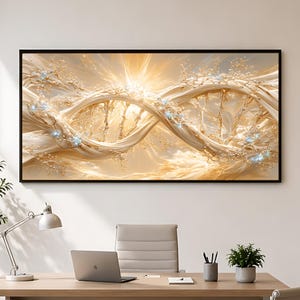 Puede incluir: Una pieza de arte mural rectangular que presenta una estructura de doble hélice dorada y arremolinada que recuerda al ADN. La obra muestra texturas fluidas de color crema, acentos dorados brillantes y pequeños reflejos azules.