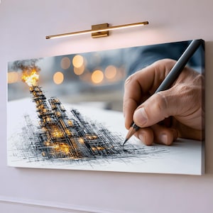 May include: A rectangular canvas print featuring a detailed pencil sketch of an industrial refinery with a flaming smokestack. The artwork depicts a hand using a pencil to draw the structure, with warm orange highlights contrasting against black lines.