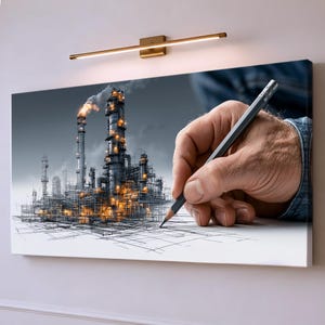 Könnte beinhalten: Ein rechteckiges Wandbild auf Leinwand, das eine detaillierte Skizze einer industriellen Ölraffinerie mit leuchtend orangefarbenen Lichtern und Rauch zeigt, gezeichnet mit einem Graphitstift auf weißem Untergrund, beleuchtet durch eine goldene Wandleuchte.