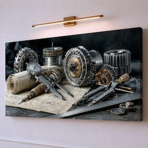 May include: A horizontal canvas print featuring a collection of mechanical components including steel gears, ball bearings, and precision measuring tools like calipers and a dial indicator resting on a rolled architectural blueprint with technical drawings.