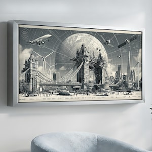 May include: A framed black and white wall art print depicting Tower Bridge in London with a large moon, an airplane, wind turbines, and satellites in the background. The composition includes technical line drawings and architectural details.
