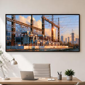 May include: A rectangular wall art print featuring a detailed painting of an electrical substation with tall metal towers, complex power lines, and transformers under a sunset sky, with a distant city skyline visible on the horizon.