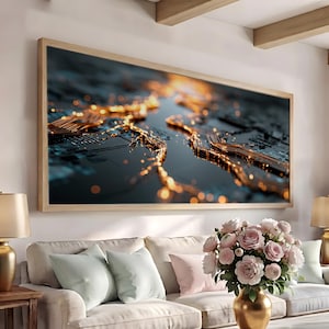 May include: A large rectangular wall art piece featuring a macro view of a dark circuit board with glowing gold pathways and bokeh light effects, encased in a light wood frame. The artwork displays intricate electronic patterns and golden lines.